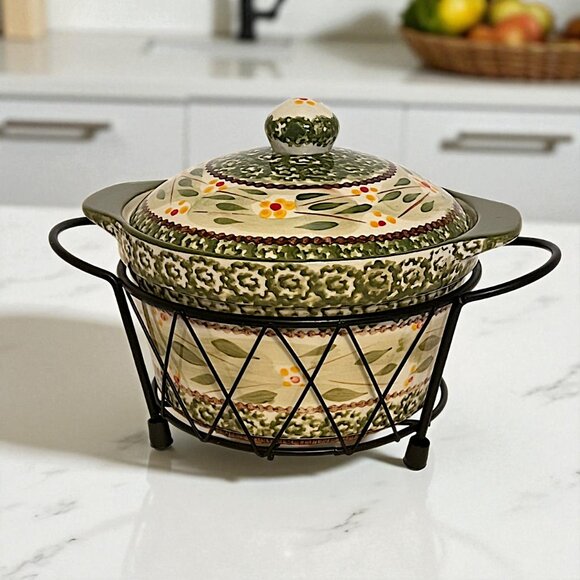 Temptations By Tara Bakeware Old World Green 1Qt Round W/ Lid And Stand - Picture 1 of 11